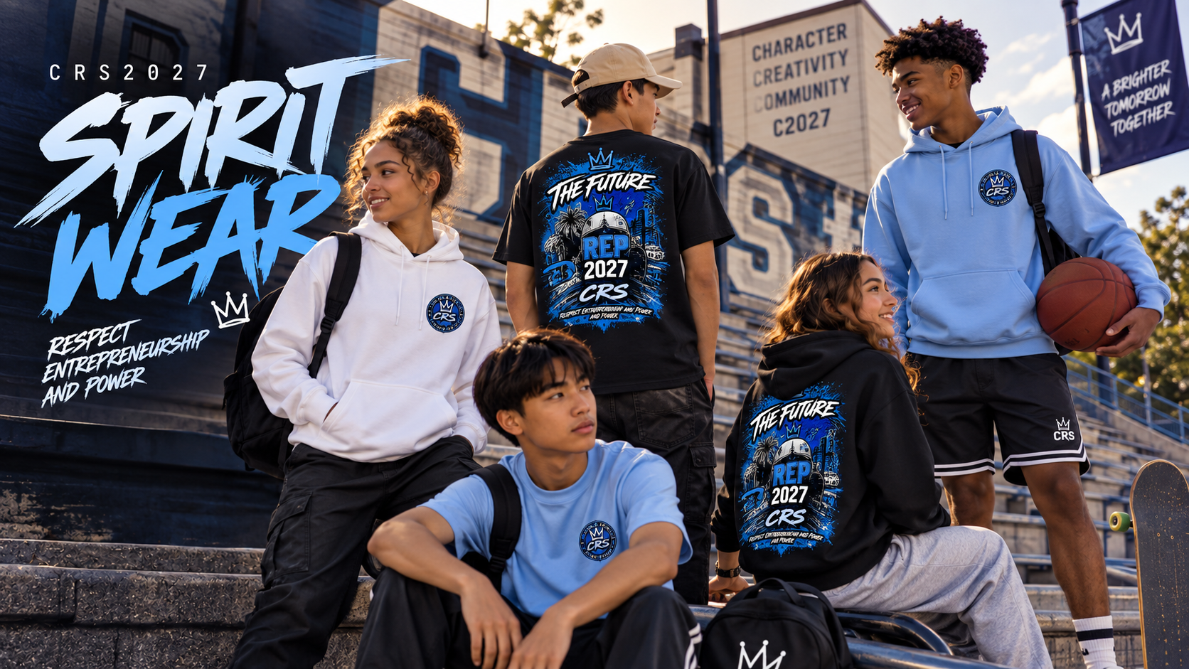 The crew wearing CRS 2027 SpiritWear hoodies and tees on the school bleachers